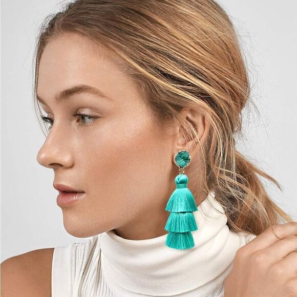 14K Yellow Gold with Turquoise Blue Silk Thread Tassel and Quartz Druzy Earrings - Picture 4 of 8